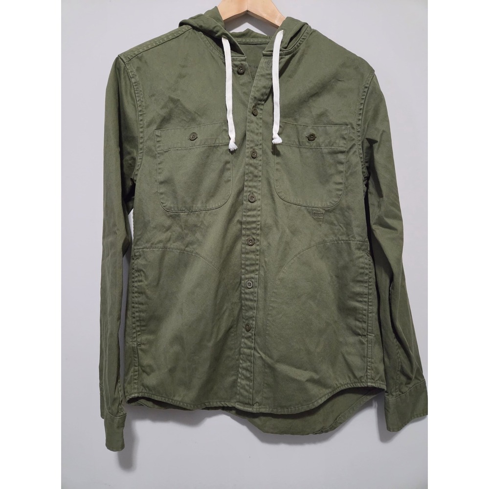 American Eagle Mens Small Olive Green Hooded Button Down Shirt Jacket Cotton S